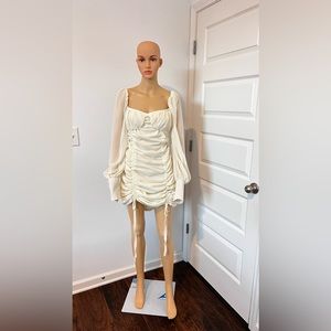 Cream Chiffon Long Sleeve Ruched Dress